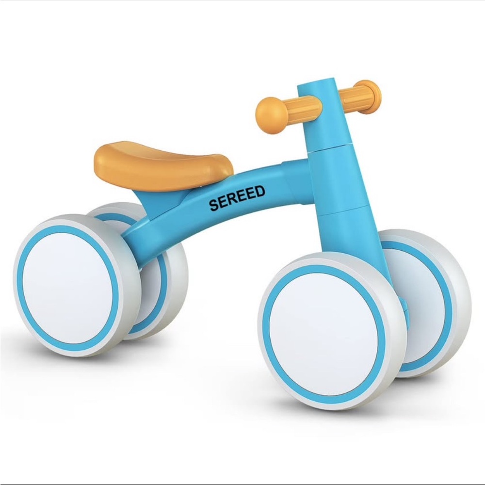 Blue and Yellow Toddler Balance Bike - Stable Four-Wheel Ride-On